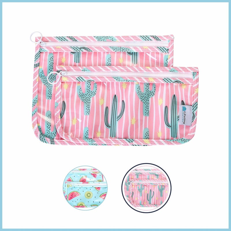 EzPacking Clear Zipper Pouches (Set of 2) / Transparent Reusable PVC Organizers for Women’s Purse or Baby Diaper Bag / Cute Slim Flat Japanese Style Watermelon Cactus Pencil Pouch for School or Travel (Cactus) - Image 2