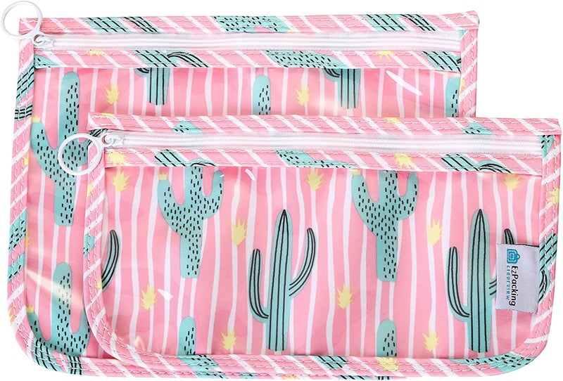 EzPacking Clear Zipper Pouches (Set of 2) / Transparent Reusable PVC Organizers for Women’s Purse or Baby Diaper Bag / Cute Slim Flat Japanese Style Watermelon Cactus Pencil Pouch for School or Travel (Cactus) - Image 1