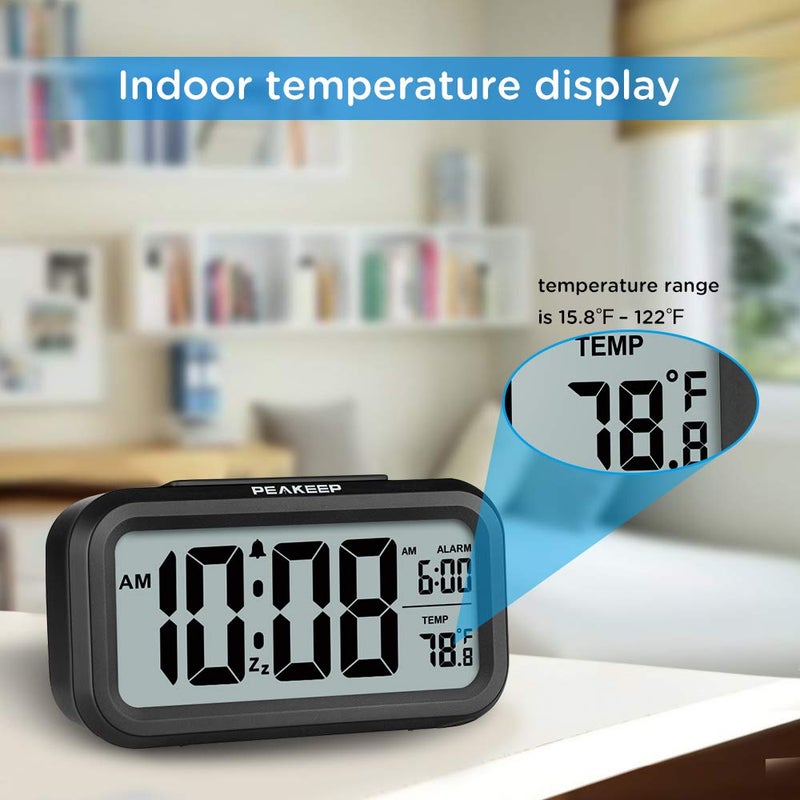 Peakeep Night Light Digital Alarm Clock Battery Operated with Indoor Temperature, Desk Small Clock (Black) - Image 4