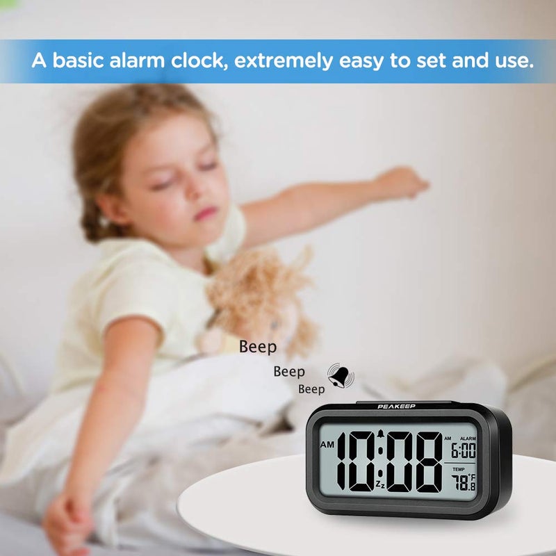 Peakeep Night Light Digital Alarm Clock Battery Operated with Indoor Temperature, Desk Small Clock (Black) - Image 2