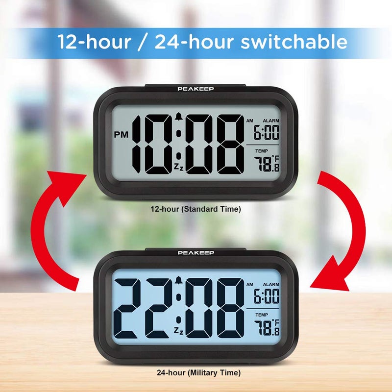 Peakeep Night Light Digital Alarm Clock Battery Operated with Indoor Temperature, Desk Small Clock (Black) - Image 5