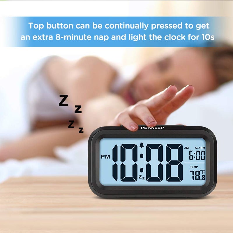 Peakeep Night Light Digital Alarm Clock Battery Operated with Indoor Temperature, Desk Small Clock (Black) - Image 3