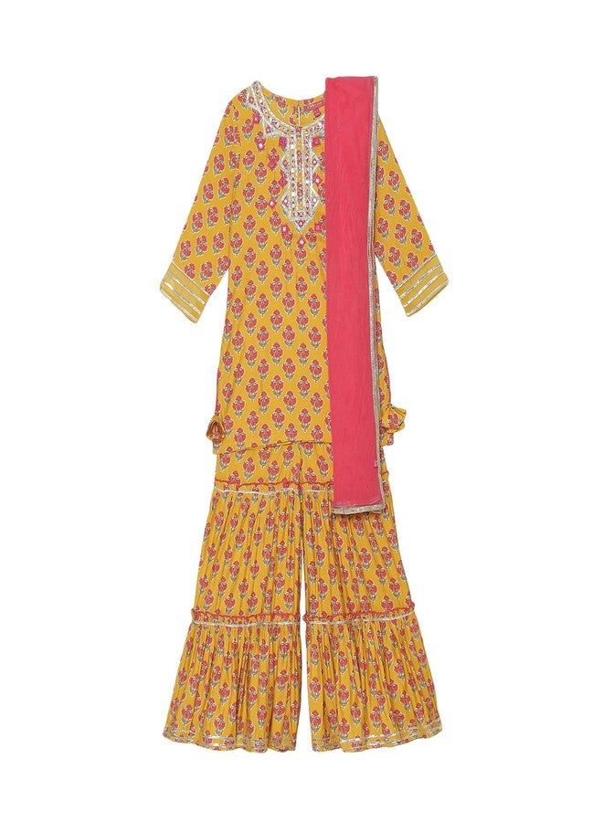 BIBA Girl's Polyester Printed Straight Kid Kurta with Pant & Dupatta(Kw5349_Yellow_13) - Image 1