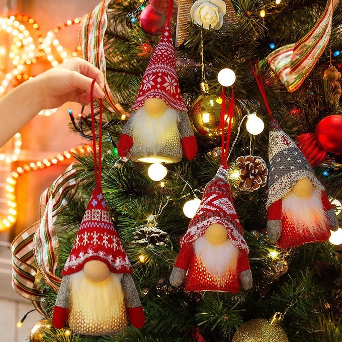 4PACK CHRISTMAS GNOME ORNAMENTS HANGING DECORATIONS WITH LIGHTS HANDMADE SWEDISH SANTA GNOMES WOOL MATERIAL CHRISTMAS OCCASION