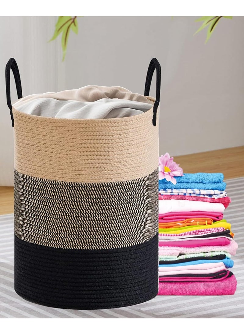 Taizz Ventures - 60L Woven Cotton Rope Laundry Hamper - Large Decorative Laundry Basket with Handles, Durable Clothes Storage Organizer for Bedroom, Bathroom, and Nursery 20Hx15W Inch - Black/Grey/Brown - Image 1