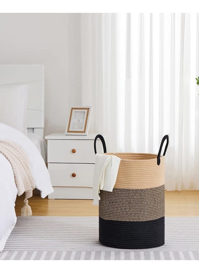 Taizz Ventures - 60L Woven Cotton Rope Laundry Hamper - Large Decorative Laundry Basket with Handles, Durable Clothes Storage Organizer for Bedroom, Bathroom, and Nursery 20Hx15W Inch - Black/Grey/Brown - Image 1