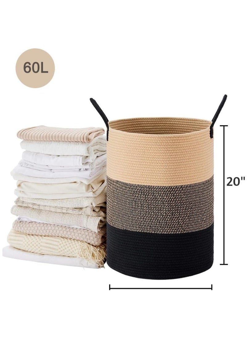 Taizz Ventures - 60L Woven Cotton Rope Laundry Hamper - Large Decorative Laundry Basket with Handles, Durable Clothes Storage Organizer for Bedroom, Bathroom, and Nursery 20Hx15W Inch - Black/Grey/Brown - Image 1