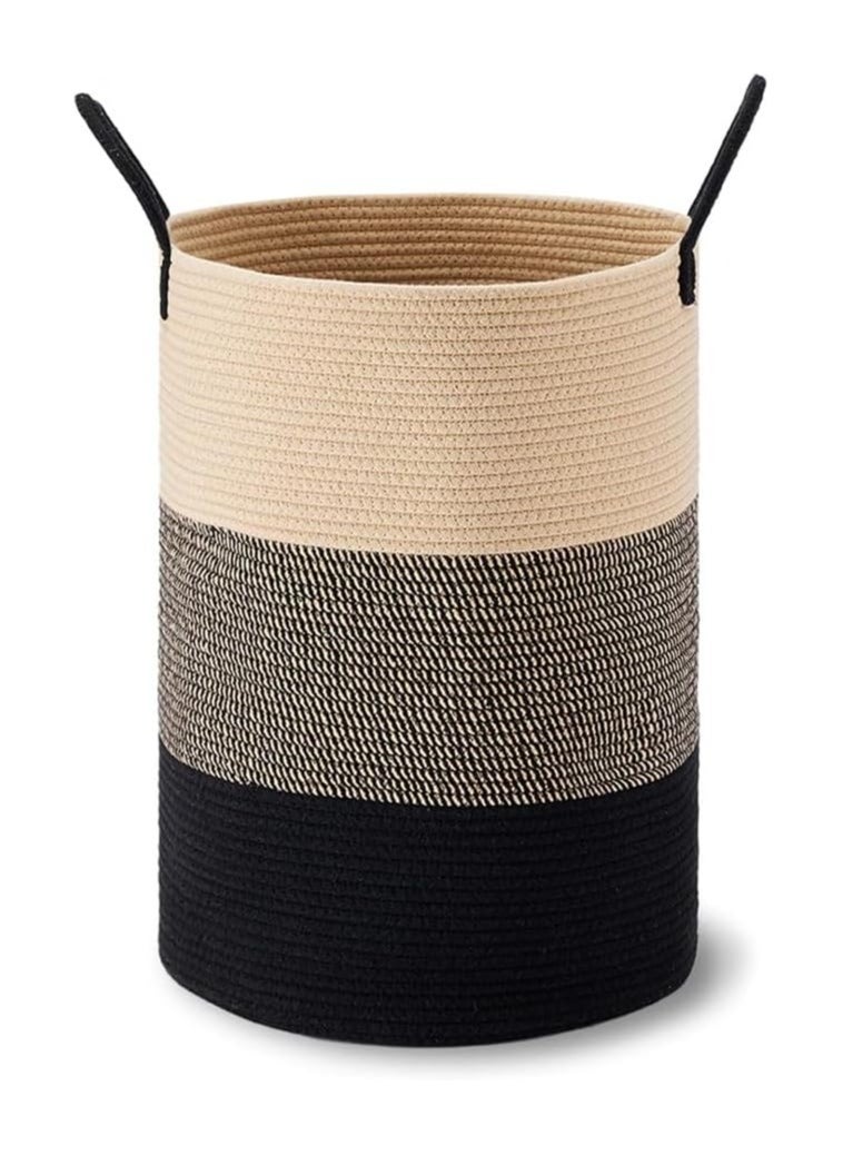 Taizz Ventures - 60L Woven Cotton Rope Laundry Hamper - Large Decorative Laundry Basket with Handles, Durable Clothes Storage Organizer for Bedroom, Bathroom, and Nursery 20Hx15W Inch - Black/Grey/Brown - Image 1
