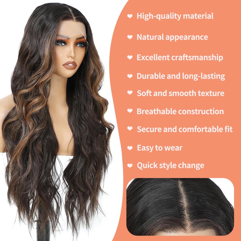 Seykiki Synthetic Lace Front Wigs for Black Women Highlight Brown Mix Black Natural Wavy Glueless Wig Ready to Wear 13x4x1 HD Lace Pre Plucked Middle Part Wig 26 Inch - Image 2