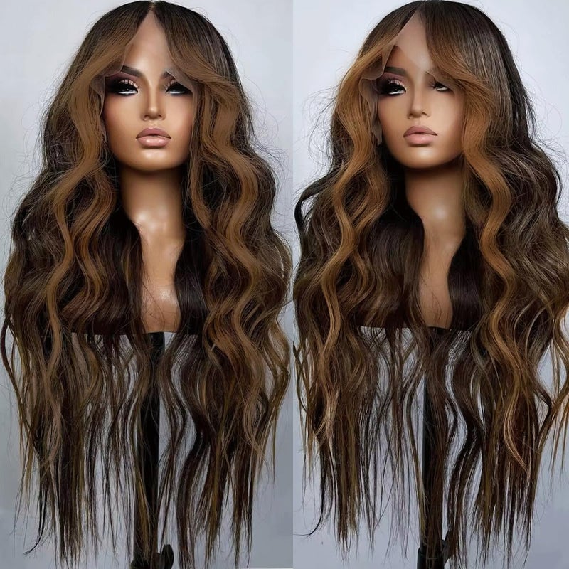 Seykiki Synthetic Lace Front Wigs for Black Women Highlight Brown Mix Black Natural Wavy Glueless Wig Ready to Wear 13x4x1 HD Lace Pre Plucked Middle Part Wig 26 Inch - Image 1