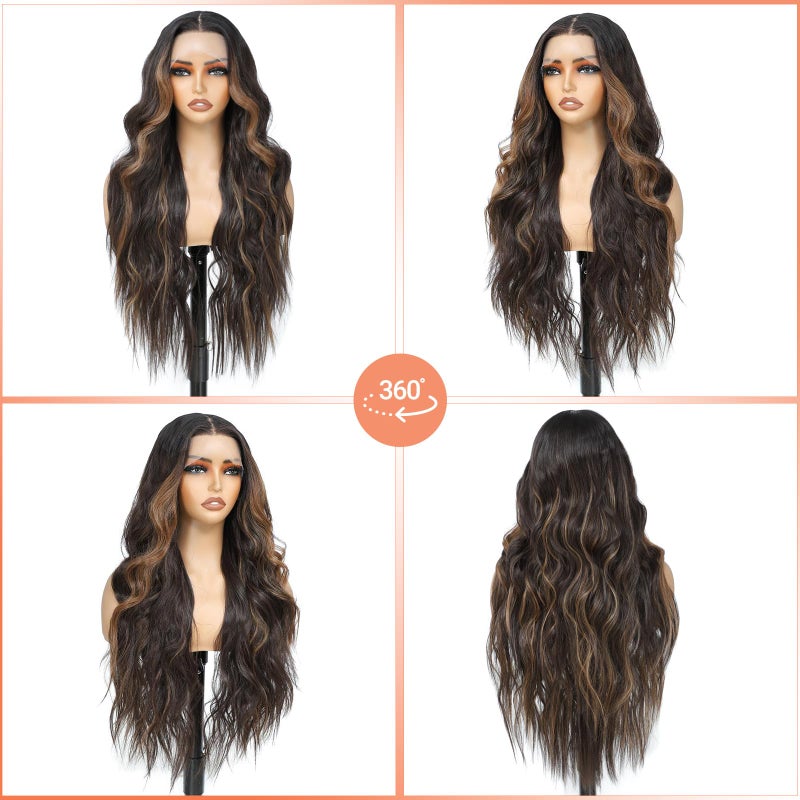 Seykiki Synthetic Lace Front Wigs for Black Women Highlight Brown Mix Black Natural Wavy Glueless Wig Ready to Wear 13x4x1 HD Lace Pre Plucked Middle Part Wig 26 Inch - Image 3