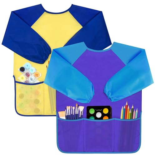 Bassion 2 Pack Kids Art Smock Toddlers Painting Aprons Colorful Waterproof Children Artist Smock with Long Sleeve 3 Roomy Pockets for Age 28 Years GiftsYellow Purple - Image 1