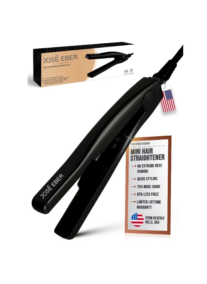 JOSE EBER Mini Portable Flat Iron, Ceramic Tourmaline Hair Straightener For Travel, Short Hair Styling, Dual Voltage - Fast Heat Up Mini Flat Iron Gold  - Image 1