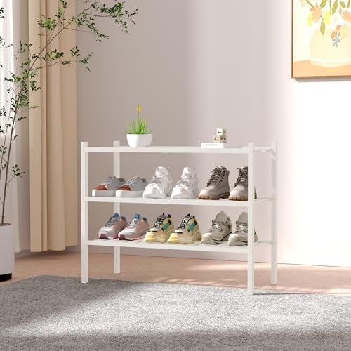 ROMGUAR CRAFT 3 Tier Bamboo Shoe Rack for Closet Free Standing Wood Shoe Shelf Storage Organizer for Entryway Small Space Stackable 27"x11"x20" (White) - Image 2