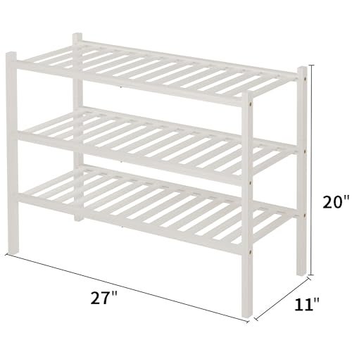 ROMGUAR CRAFT 3 Tier Bamboo Shoe Rack for Closet Free Standing Wood Shoe Shelf Storage Organizer for Entryway Small Space Stackable 27"x11"x20" (White) - Image 3