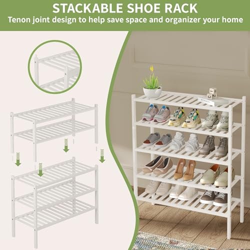 ROMGUAR CRAFT 3 Tier Bamboo Shoe Rack for Closet Free Standing Wood Shoe Shelf Storage Organizer for Entryway Small Space Stackable 27"x11"x20" (White) - Image 5