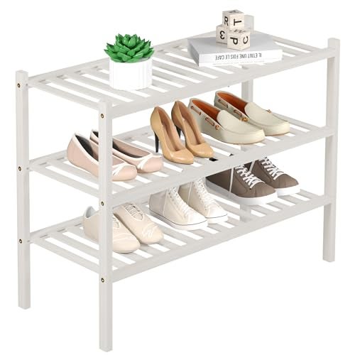 ROMGUAR CRAFT 3 Tier Bamboo Shoe Rack for Closet Free Standing Wood Shoe Shelf Storage Organizer for Entryway Small Space Stackable 27"x11"x20" (White) - Image 1