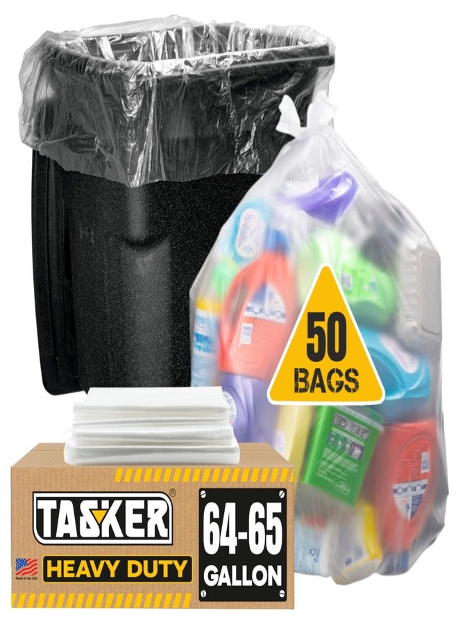 tasker 65 Gallon Clear Trash Bags Heavy Duty (MegaPack 50 Bags w/Ties) 64 Gallon Extra Large Clear Plastic Recycling Garbage Bags - Image 1