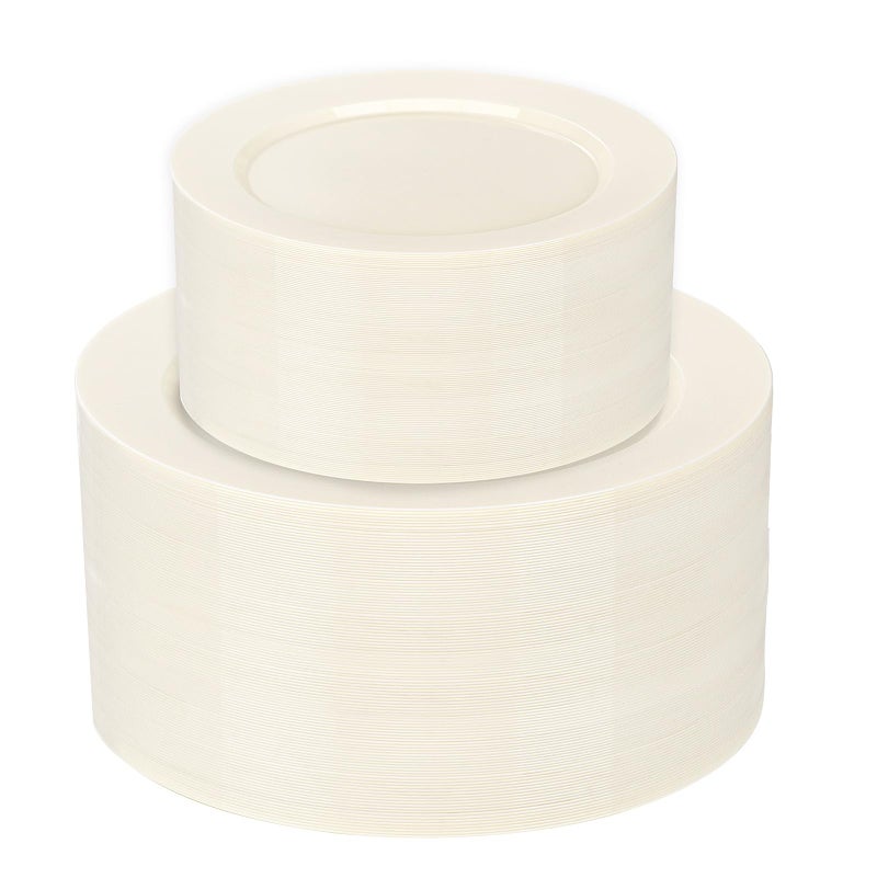 I00000 102 Pcs Ivory Plastic Plates, Disposable Party Plates Include 51 Ivory Dinner Plate 10â€™â€™ and 51 Plastic Dessert Plate 7â€™â€™ Perfect for Birthday, Party & Wedding - Image 1