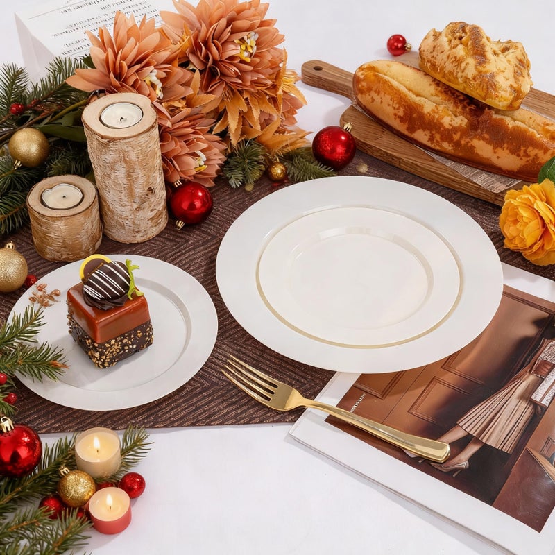 I00000 102 Pcs Ivory Plastic Plates, Disposable Party Plates Include 51 Ivory Dinner Plate 10â€™â€™ and 51 Plastic Dessert Plate 7â€™â€™ Perfect for Birthday, Party & Wedding - Image 2
