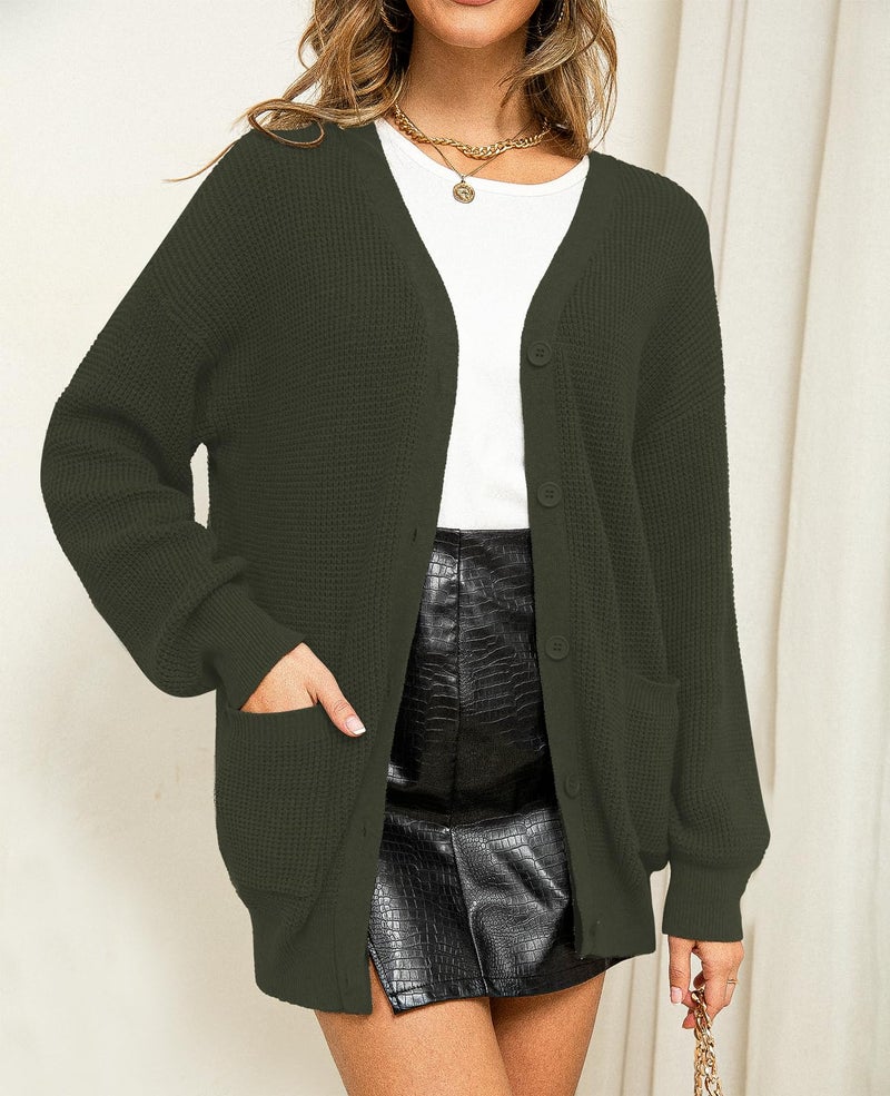 QUALFORT Women's 100% Cotton Cardigan Sweaters for Women Button Down Oversized Knit Outerwear with Pockets Fall Cardigans 2026 Green Small - Image 3