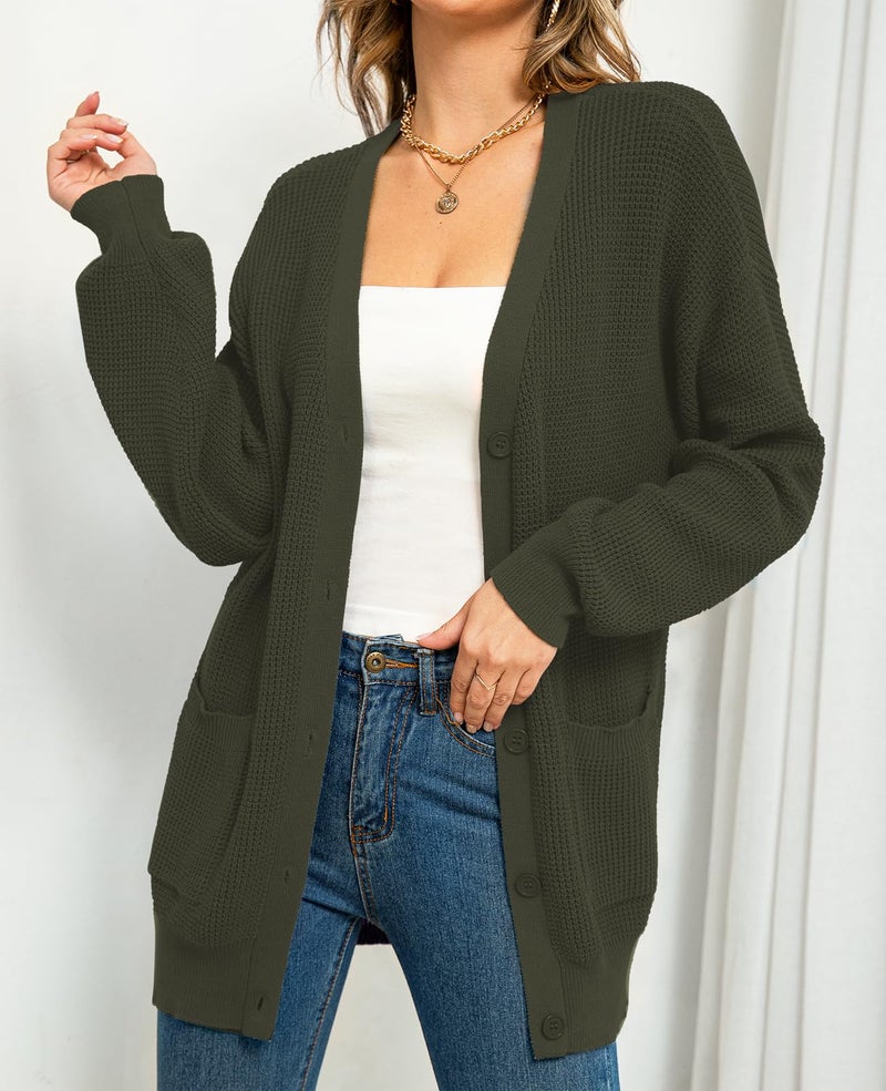 QUALFORT Women's 100% Cotton Cardigan Sweaters for Women Button Down Oversized Knit Outerwear with Pockets Fall Cardigans 2026 Green Small - Image 2