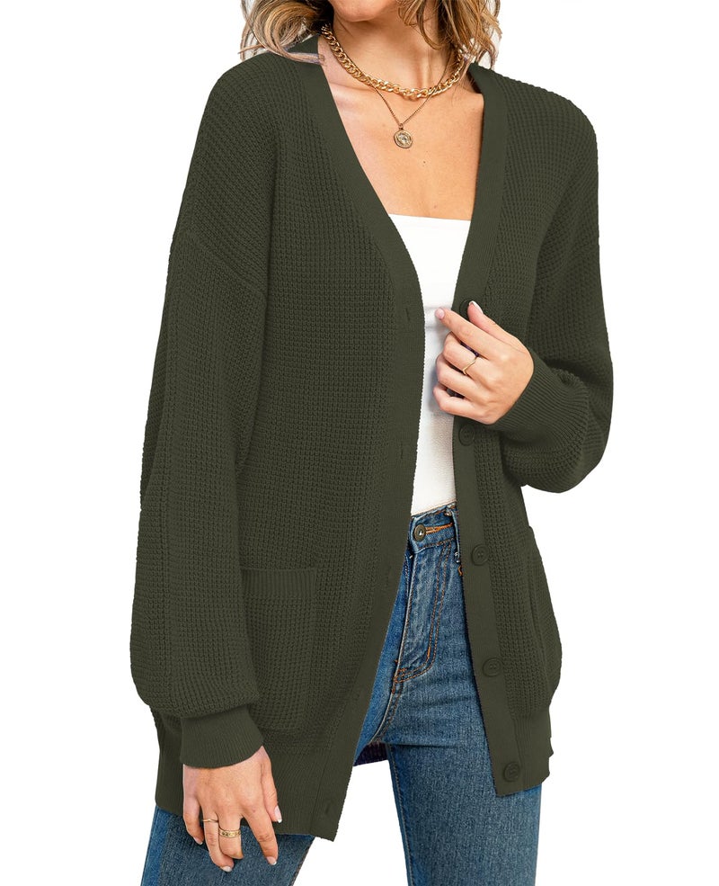 QUALFORT Women's 100% Cotton Cardigan Sweaters for Women Button Down Oversized Knit Outerwear with Pockets Fall Cardigans 2026 Green Small - Image 1
