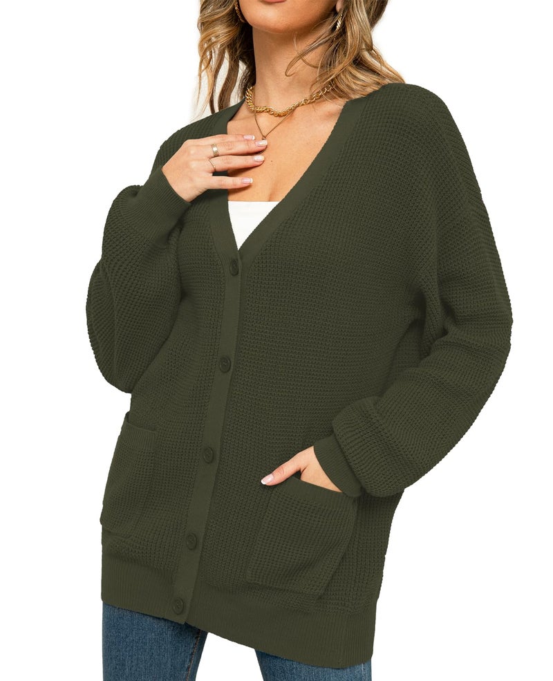 QUALFORT Women's 100% Cotton Cardigan Sweaters for Women Button Down Oversized Knit Outerwear with Pockets Fall Cardigans 2026 Green Small - Image 4