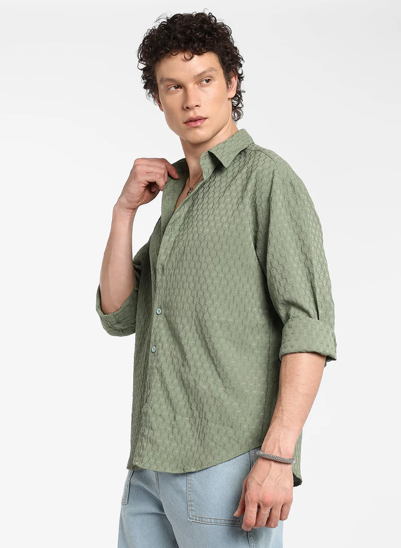 CAHOOT  Men's Fern Green Honeycomb-Textured Oversized Shirt For Casual Wear | Spread Collar | Long Sleeve | Button Closure | Oversized Shirt Crafted With Comfort Fit For Everyday Wear for Men | Best Price UAE