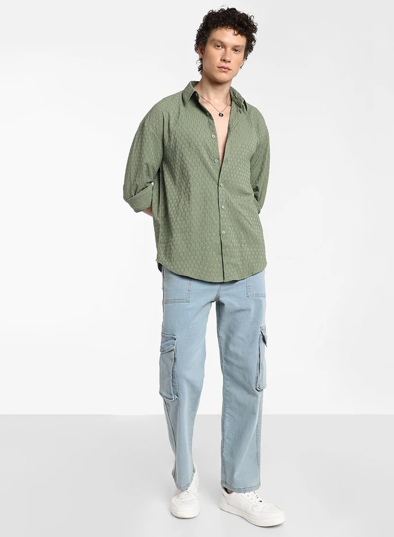 CAHOOT  Men's Fern Green Honeycomb-Textured Oversized Shirt For Casual Wear | Spread Collar | Long Sleeve | Button Closure | Oversized Shirt Crafted With Comfort Fit For Everyday Wear for Men | Best Price UAE