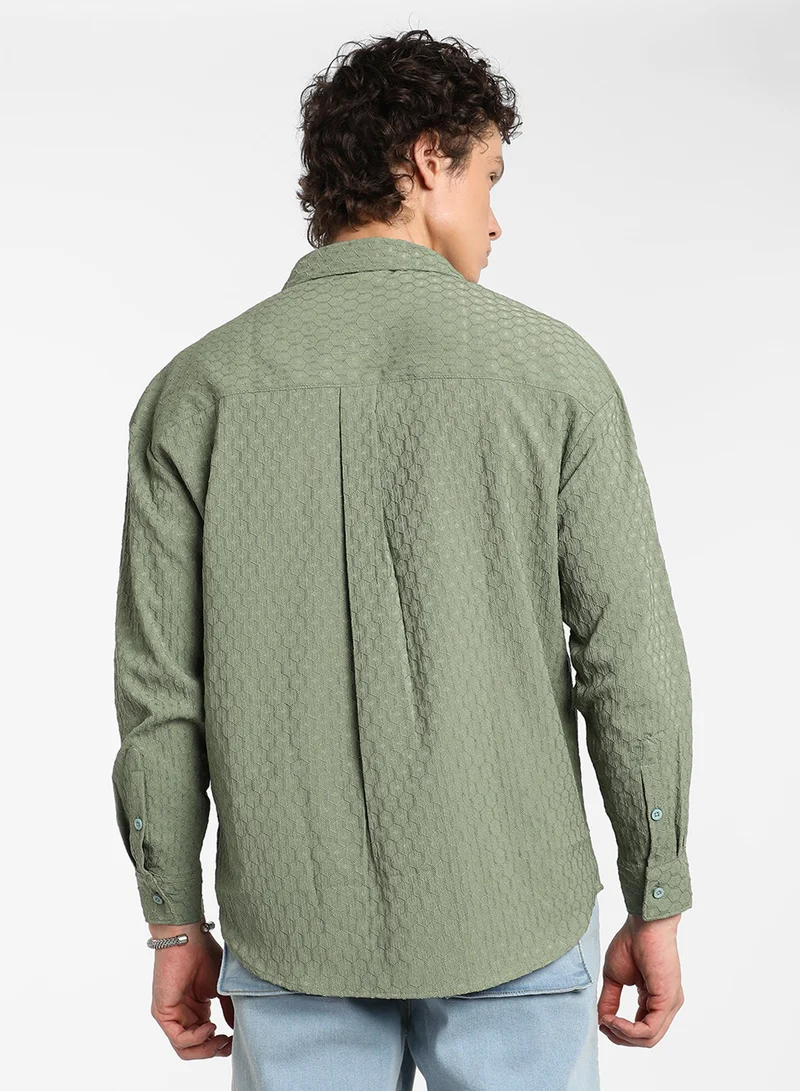 CAHOOT  Men's Fern Green Honeycomb-Textured Oversized Shirt For Casual Wear | Spread Collar | Long Sleeve | Button Closure | Oversized Shirt Crafted With Comfort Fit For Everyday Wear for Men | Best Price UAE