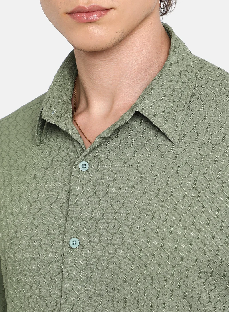 CAHOOT  Men's Fern Green Honeycomb-Textured Oversized Shirt For Casual Wear | Spread Collar | Long Sleeve | Button Closure | Oversized Shirt Crafted With Comfort Fit For Everyday Wear for Men | Best Price UAE