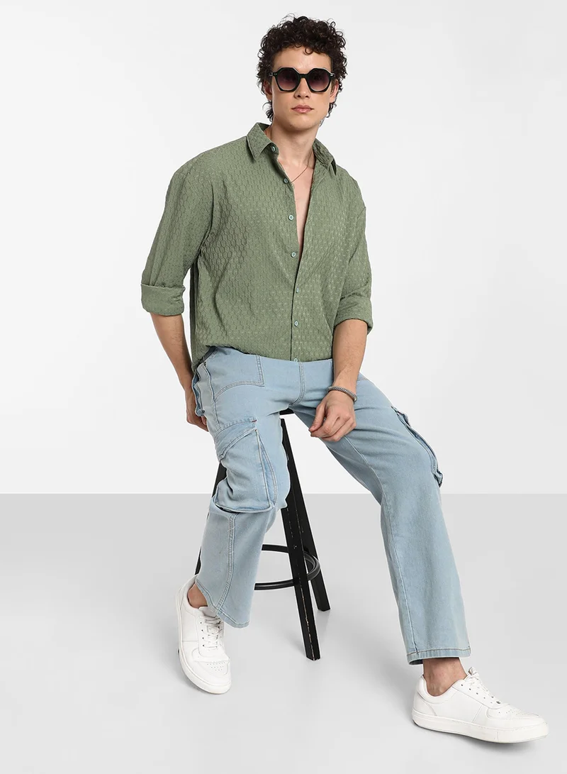 CAHOOT  Men's Fern Green Honeycomb-Textured Oversized Shirt For Casual Wear | Spread Collar | Long Sleeve | Button Closure | Oversized Shirt Crafted With Comfort Fit For Everyday Wear for Men | Best Price UAE