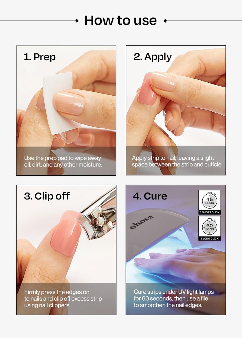 ohora Semi Cured Gel Nail Strips (N Romantic French) - Pink, French, Works with Any UV/LED Lamps, Salon-Quality, Long Lasting, Easy to Apply & Remove - Includes 2 Prep Pads, Nail File & Wooden Stick - Image 5