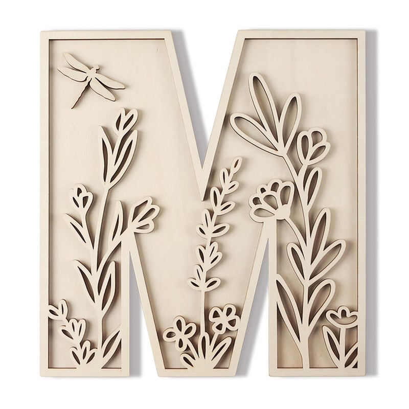 Longan Craft Layered 12 Inch Large Wooden Letters for Wall Decor, Flowered Paintable Wooden Nursery Letters for Crafts Wood Alphabet Letter M for Birthday Boho Nursery Name Sign Wedding Home Decoration - Image 1