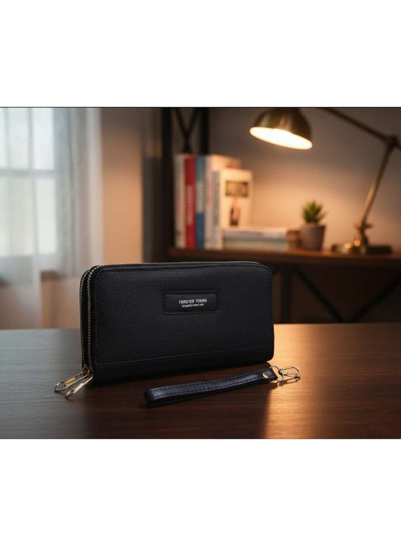 محفظة نسائية ™طويلة بسحاب من KANAZ بأسلوب كتاب مع حزام معصم - حقيبة قابض أنيقة ذات سعة كبيرة للبطاقات، نقود وهاتف، A0201 Bonda Book (أسود) - Image 3