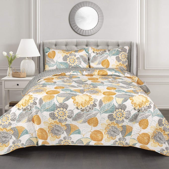 FULL QUEEN YELLOW GRAY LAYLA QUILT FLORAL LEAF PRINT 3 PIECE REVERSIBLE BEDDING SET