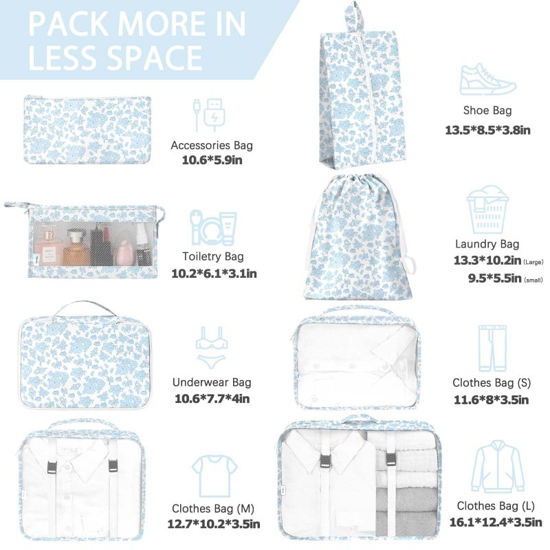 KPX 8 Set Packing Cubes for Travel, Luggage Packing Organizers Accessories Large Toiletries Bag for Clothes Shoes Cosmetics (Blue Flower) - Image 2