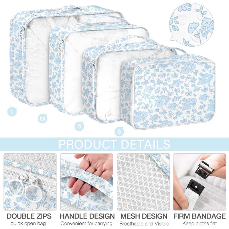 KPX 8 Set Packing Cubes for Travel, Luggage Packing Organizers Accessories Large Toiletries Bag for Clothes Shoes Cosmetics (Blue Flower) - Image 3