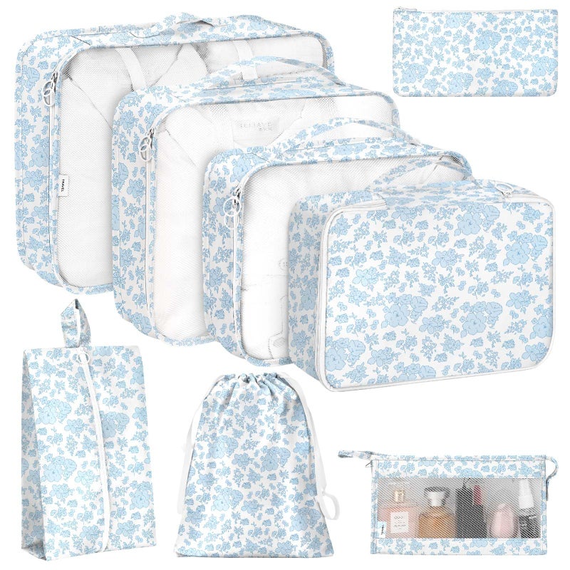 KPX 8 Set Packing Cubes for Travel, Luggage Packing Organizers Accessories Large Toiletries Bag for Clothes Shoes Cosmetics (Blue Flower) - Image 1