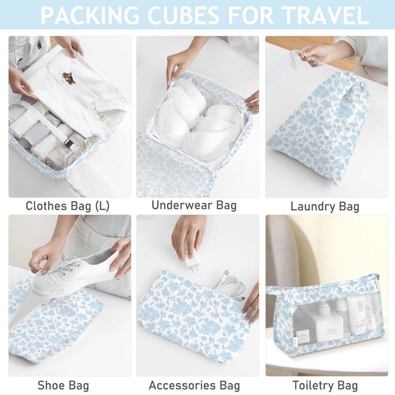 KPX 8 Set Packing Cubes for Travel, Luggage Packing Organizers Accessories Large Toiletries Bag for Clothes Shoes Cosmetics (Blue Flower) - Image 4