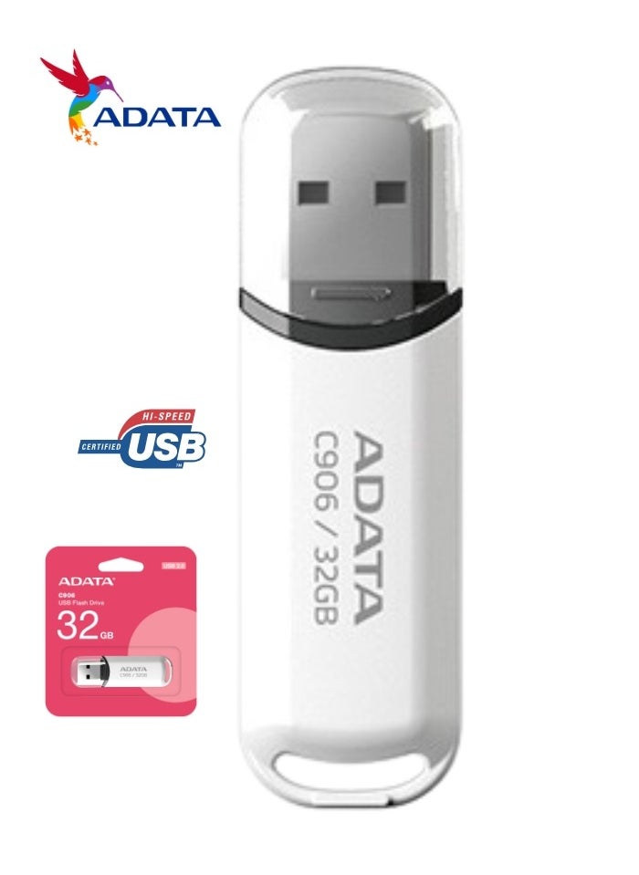 ADATA - C906 Compact | 32GB USB 2.0 Flash Drive | Lightweight and Fast Data Transfer | White - Image 1
