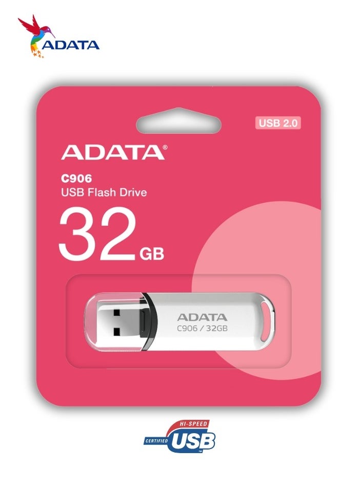 ADATA - C906 Compact | 32GB USB 2.0 Flash Drive | Lightweight and Fast Data Transfer | White - Image 1