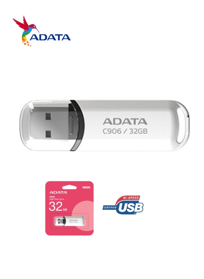 ADATA - C906 Compact | 32GB USB 2.0 Flash Drive | Lightweight and Fast Data Transfer | White - Image 1