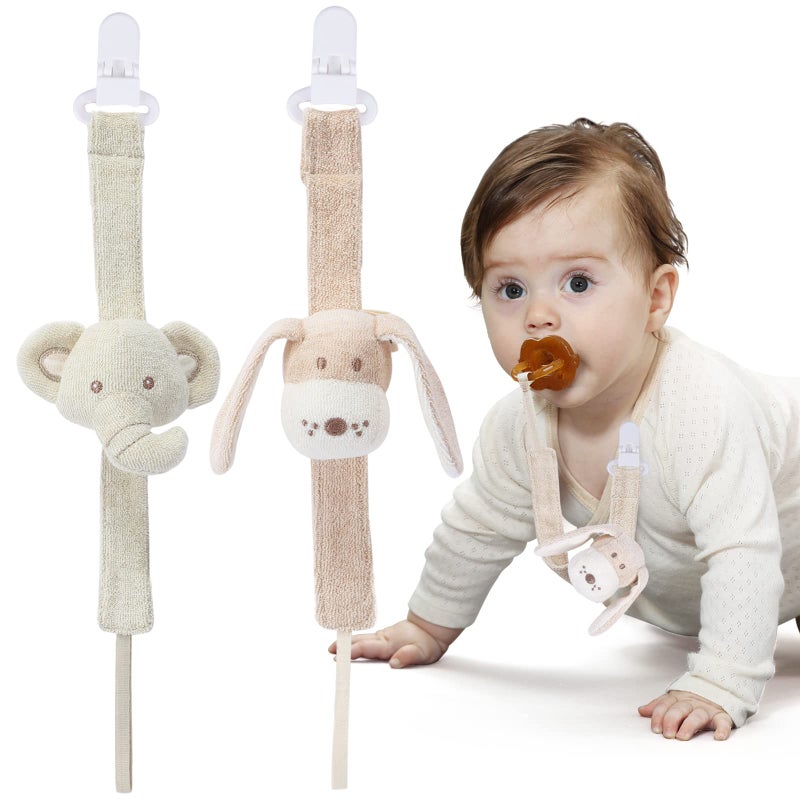 COTTONBEBE Pacifier Clip, 2 Pack Baby Pacifier Holder for Boys and Girls Fits Many Pacifiers & Baby Teething Toys, Ideal Baby Gift (Elephant&Dog) - Image 1