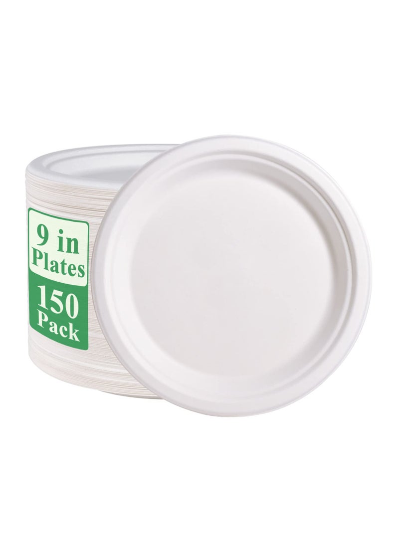 SYOSI 150 Pack Paper Plates 9 inch 100% Compostable Plates {PFAS-Free} - {BPI Certified} Heavy-Duty Disposable Paper Plates Bagasse Natural Biodegradable Eco-Friendly Sugarcane Plates（White）  - Image 1