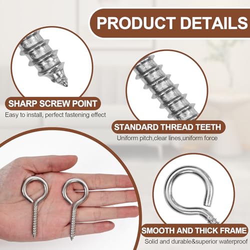 ACCZIO 40PCS 2.55 inches Screw Eyes M5 304 Stainless Steel Eye Screws, Heavy Duty Screw, Eye Hooks Screw Eye Bolts Eye Hooks Screw, Indoor & Outdoor Uses (40, M5-2.55inch) - Image 4