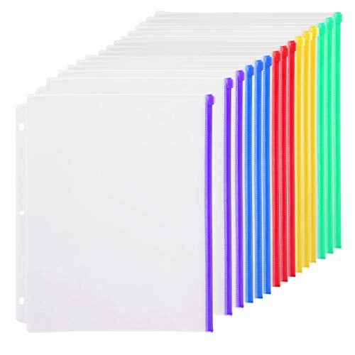 YoeeJob 3 Holes Clear Zipper Binder Pocket Insert Pages Letter Size, 8 1/2 x 11 Loose Leaf Binder Filing Storage Bags 15 Per Pack，Multi-Color - Image 1