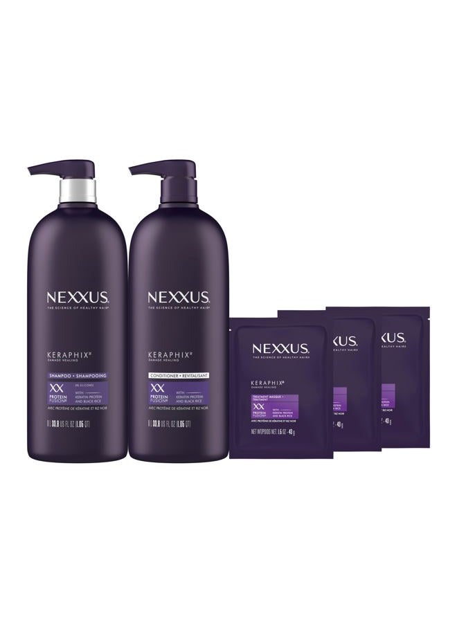 Nexxus Keraphix Shampoo and Conditioner - Damaged Hair Treatment System with Keratin Protein and Black Rice, 2 Count & 3 Repair Masks Treatment, 33.8 oz, 1.5 oz, 3 Count, 5 Count ( Pack of 1) - Image 1