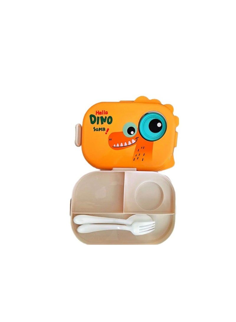 لانش بوكس للأطفال بتصميم ديناصور "Hello Dino" - برتقالي - مع ملعقة وشوكة وعلبة صوص - Image 2